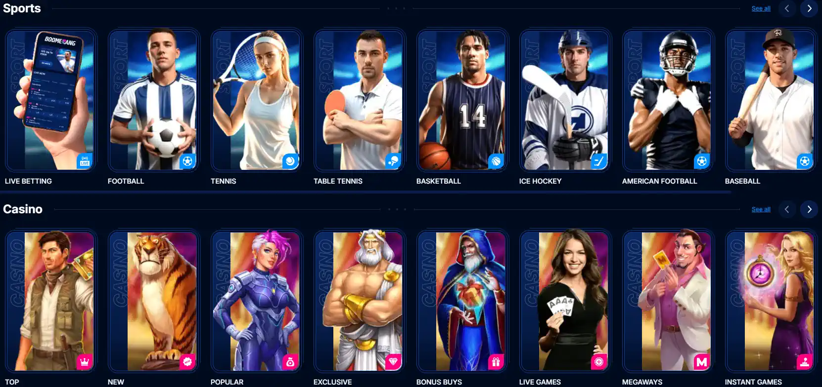 Interfejs zakładów sportowych i wybór gier Boomerang Bet na urządzeniach mobilnych.